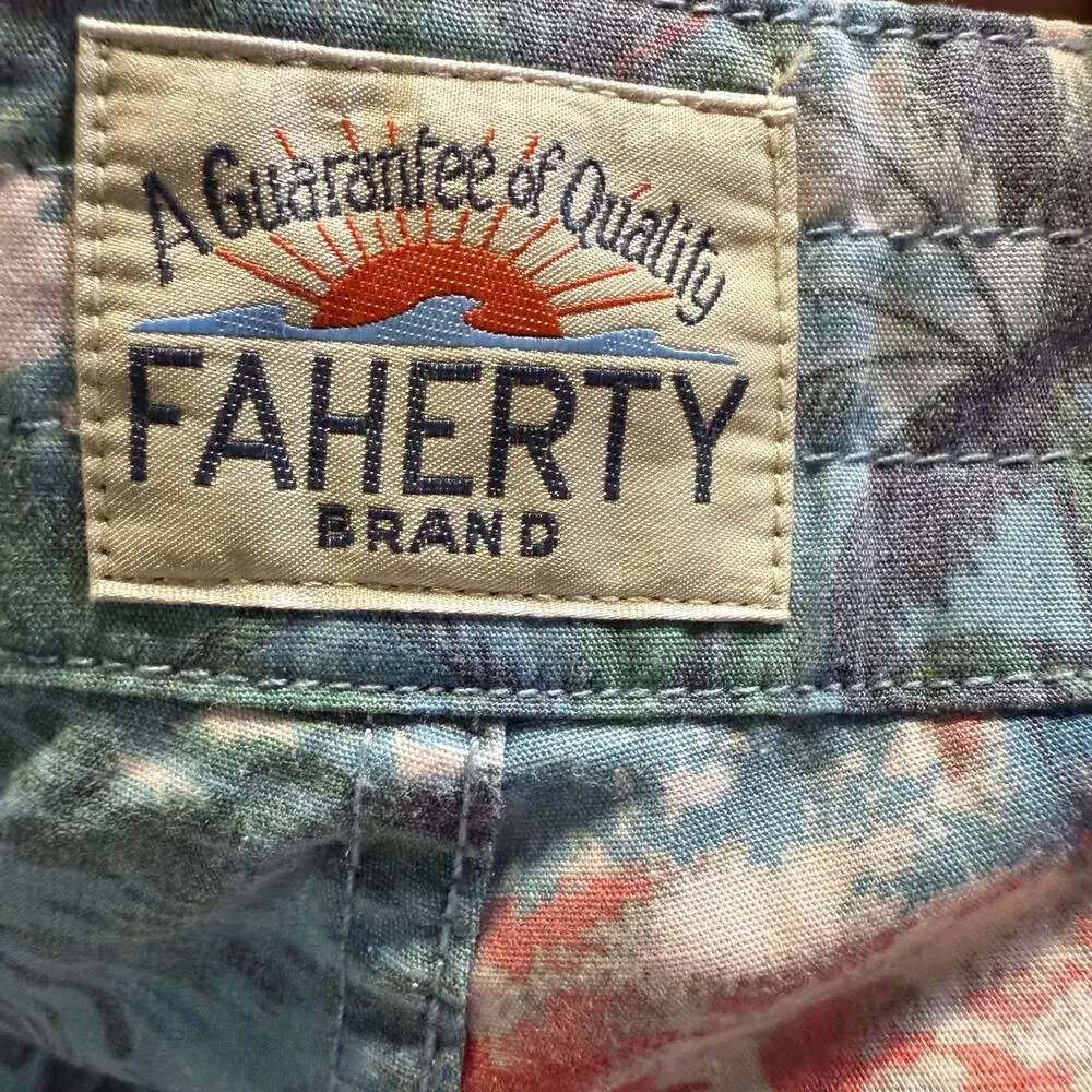 Faherty Brand Tropical Swim Trunks Board Shorts, Blue Palm Scenic Print, 34